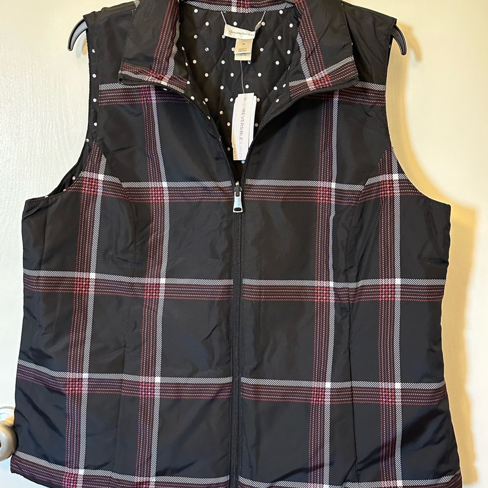 Christopher & Banks Reversible Black and Red Vest w/ Quilted Design and Plaid
